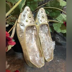 1960s Vintage Krause Gold Metallic Soft Leather Flats Rhinestones Stones Shoes